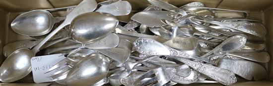 A set of six George IV silver Old English pattern dessert spoons, seven other silver spoons and a quantity of French cutlery.